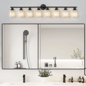 English Elm 52" Modern 8-Light Vanity Mirror Light with Frosted Glass Shades and Iron Frame for Dressing Room Illumination Black,White W1340P206696