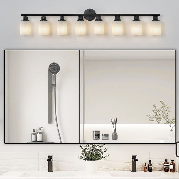 English Elm 52" Modern 8-Light Vanity Mirror Light with Frosted Glass Shades and Iron Frame for Dressing Room Illumination Black,White W1340P206696