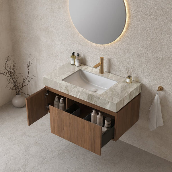 English Elm MURI Modern Wall-Mounted Vanity with Sintered Stone Top and Ceramic Basin, Plywood Cabinet, 39" Brown Oak,Light Gray W2615S00335