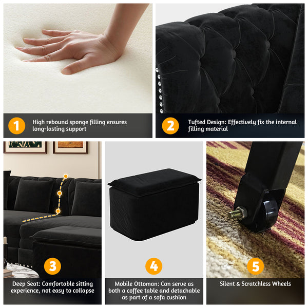 English Elm Chesterfield 3-In-1 Convertible Sofa Bed - Luxurious Velvet Tufted Design, Chaise & Ottoman Included W1885S00174