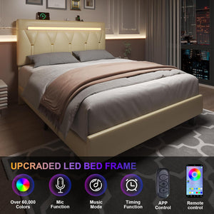 English Elm Full Bed Frame With Led Lights, Usb Charging, Adjustable Headboard & Noise-Free Slat Support System T3825P369947