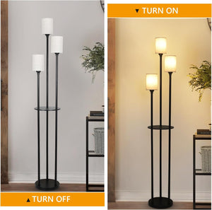 English Elm Floor Lamp With Shelves - 3-Light Industrial Design, Linen Shades & Foot Switch For Stylish Spaces W2738P185430