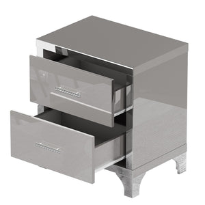 English Elm High Gloss Mirrored 2 Drawer Nightstand Slim Metal Legs Modern Bedroom Side Table Grey W5271P416536
