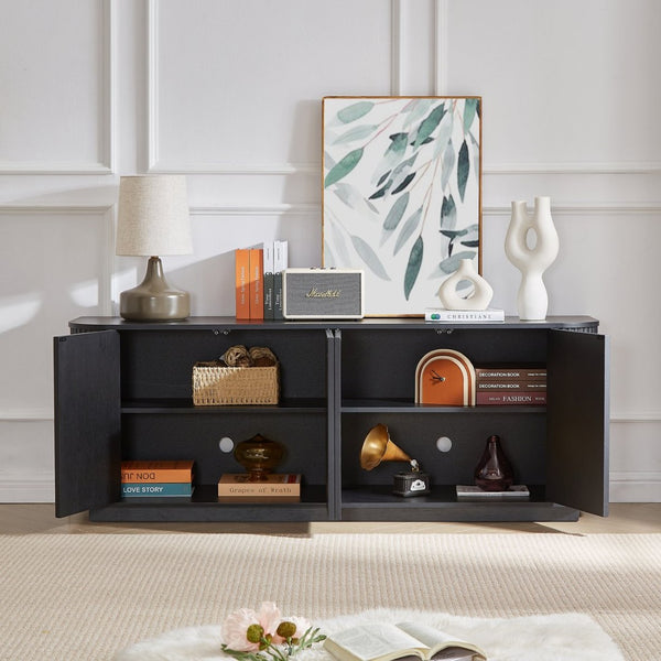 English Elm Sideboard Wave Front Buffet Cabinet with Push Open Doors and Matte Black Finish W1162P323741