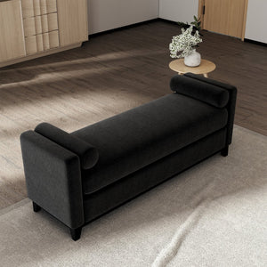 English Elm 66.34 Inch Sherpa Fleece Bench with Fluted Wood Legs Bolster Pillows Mid-century Lounge Black W1658P445921