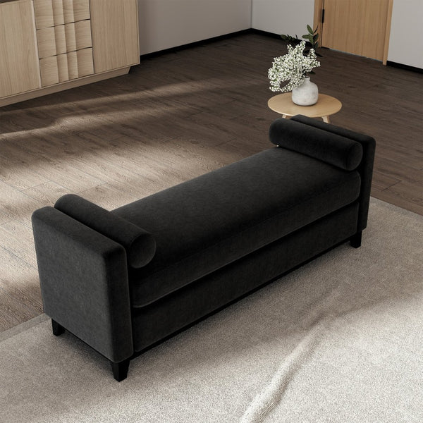 English Elm 66.34 Inch Sherpa Fleece Bench with Fluted Wood Legs Bolster Pillows Mid-century Lounge Black W1658P445921
