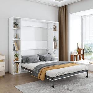 English Elm Queen Murphy Bed Foldable Wall Unit with Side Cabinets and Solid Wood Slat Support W509S00152