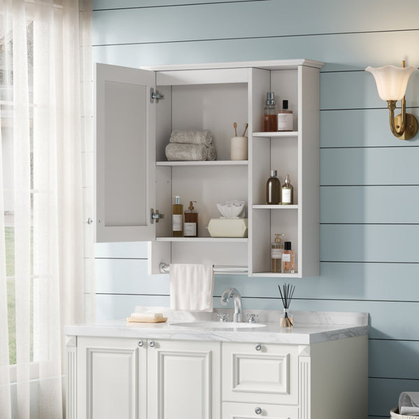 English Elm 3-in-1 Matte Medicine Cabinet Wall Mounted Mirror with Towel Bar and Storage Shelf White N710P401340K