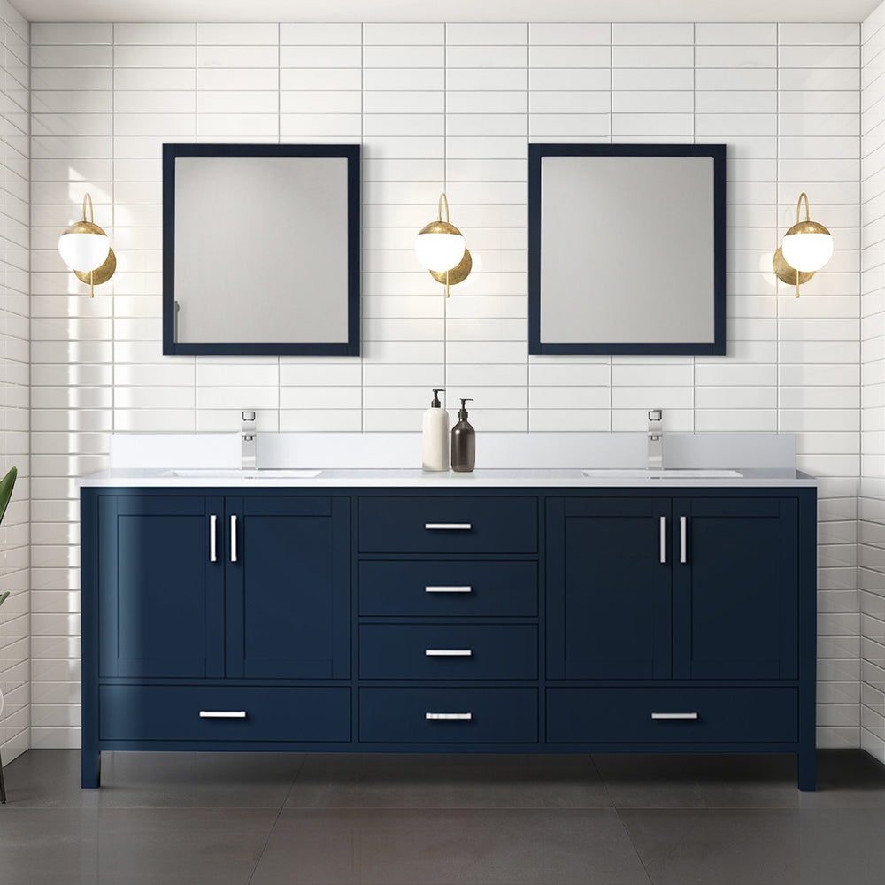 English Elm Navy Double Bath Vanity 80" W x 22" D with White Quartz Top, 2 Cabinets, 6 Drawers, Chrome Faucet B2731P259140