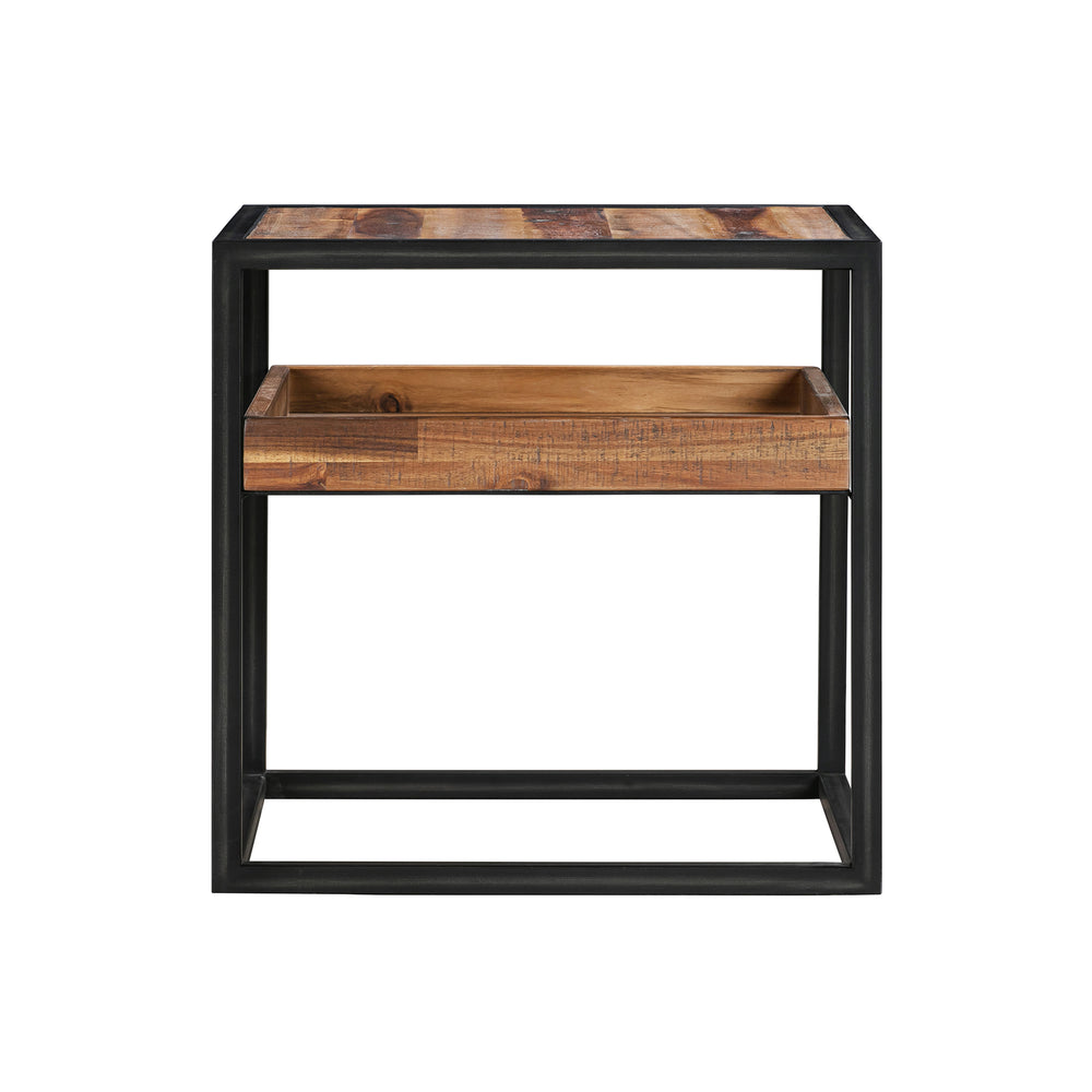 English Elm Ulera Acacia Square End Table with Shelf and Black Metal Frame — Two-Tier, Weatherproof Hardwood B2736P354397