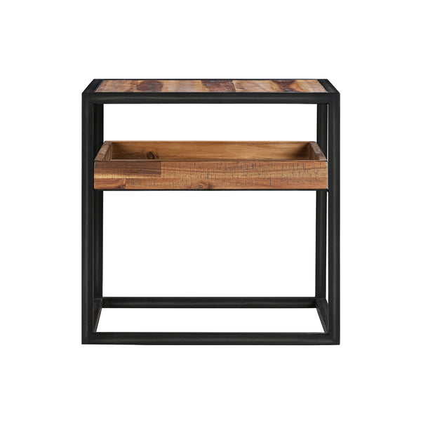 English Elm Ulera Acacia Square End Table with Shelf and Black Metal Frame — Two-Tier, Weatherproof Hardwood B2736P354397
