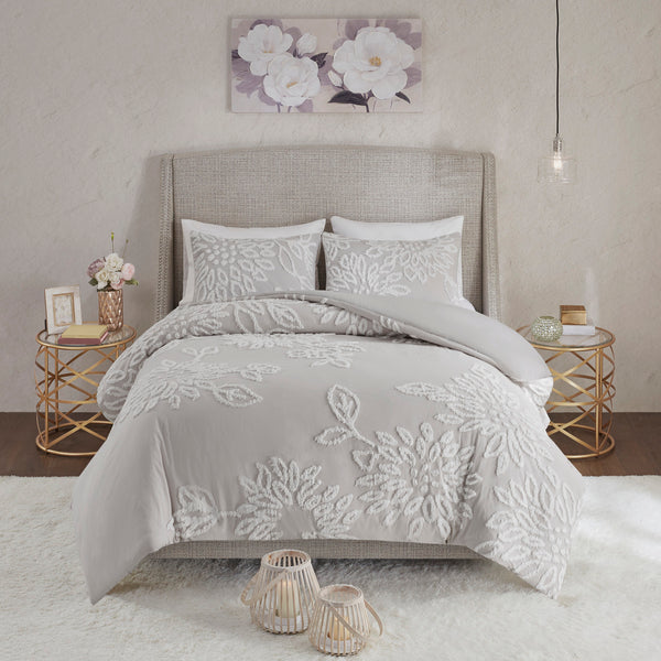 English Elm 3 Madison Park Veronica Tufted Chenille Floral Comforter Set Full/Queen Hypoallergenic Farmhouse Chic Warm Grey+White 18.9 L x 23.62 W x 10.24 H B035128913