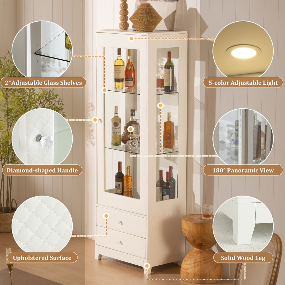 English Elm 71'' Upholstered Diamond-Pattern Display Cabinet with 5-Color LED, Glass Shelves, Drawers, White N845P277577W