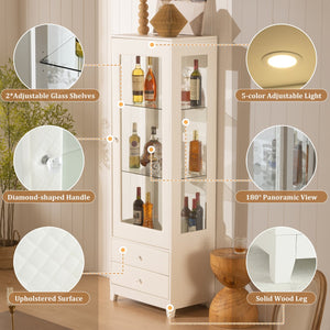 English Elm 71'' Upholstered Diamond-Pattern Display Cabinet with 5-Color LED, Glass Shelves, Drawers, White N845P277577W