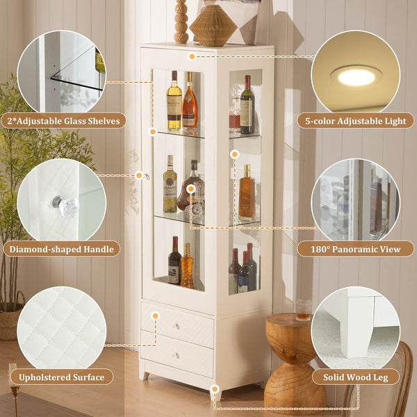English Elm 71'' Upholstered Diamond-Pattern Display Cabinet with 5-Color LED, Glass Shelves, Drawers, White N845P277577W