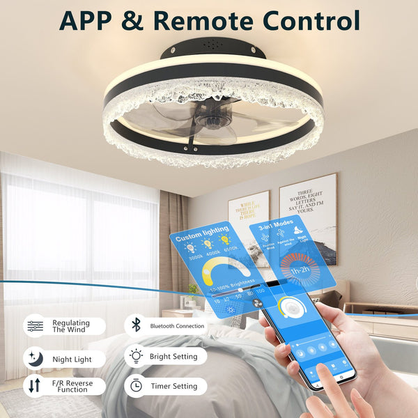 English Elm 16" Modern LED Ceiling Fan with Hidden Blades, Remote & App Control, Dimmable Crystal Flush Light W2312P368704