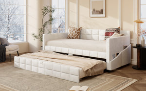 English Elm Modern Velvet Twin Daybed with Pull Out Trundle and Built in Armrest Storage Pockets Beige SF000200AAA