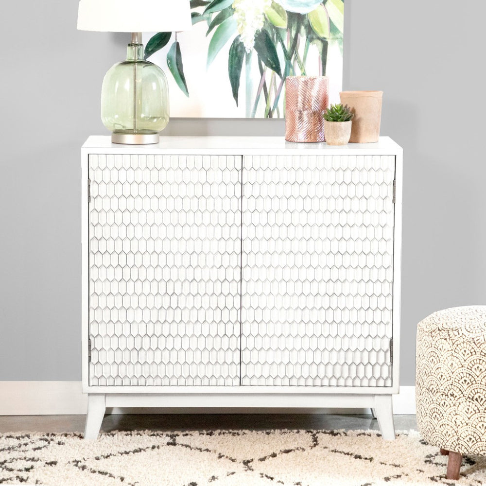English Elm Carillon Honeycomb Relief White Accent Cabinet with Sculptural Doors for Entryway Storage B062P441318
