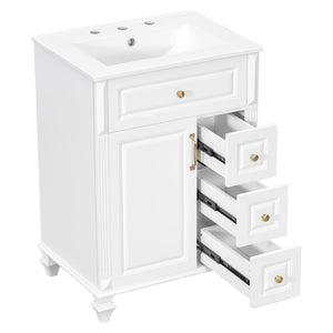 English Elm 24 Inch Freestanding Bathroom Vanity Solid Rubberwood Ceramic Sink Matte Finish Storage White N725P375626K
