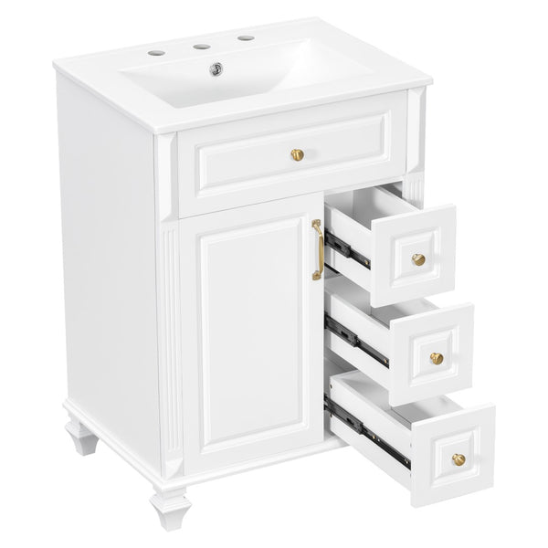 English Elm 24 Inch Freestanding Bathroom Vanity Solid Rubberwood Ceramic Sink Matte Finish Storage White N725P375626K
