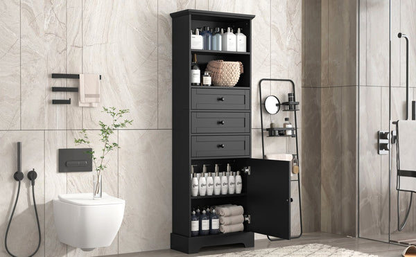 English Elm Black Tall Storage Cabinet with 3 Drawers, Adjustable Shelves, Anti-Tip, MDF Painted Finish for Office Bath WF323347AAB