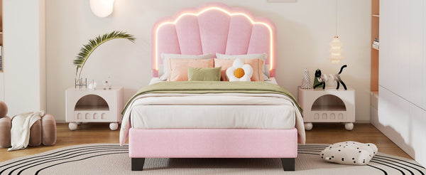 English Elm Twin Flower-Shape Upholstered Bed with LED Headboard, Pink Sherpa Platform Twin Bed for Kids Room Cozy Chic N733P177307H
