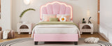 English Elm Twin Size Upholstered Flower-Shape Bed, Elegant Flowers Headboard With Led Light Strip ,Sherpa Fabric Platform Bed With Wooden Slats Support, Pink