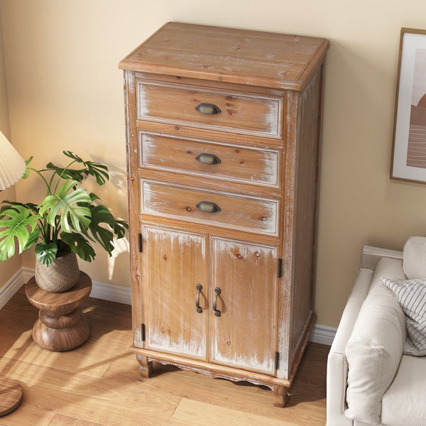 English Elm Rustic Farmhouse Tall Narrow Wood Cabinet Distressed Finish Cutout Door Drawers Natural Wood W2295P457174