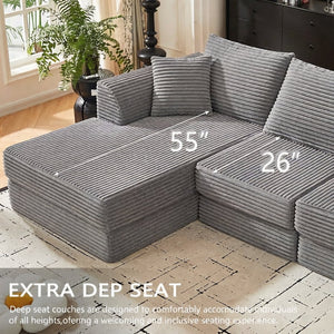 English Elm 102" Modular Cloud Sectional Corduroy Sofa with Reversible Chaise for Living Room Grey W5638S00004