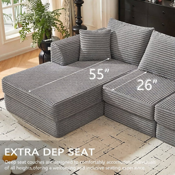 English Elm 102" Modular Cloud Sectional Corduroy Sofa with Reversible Chaise for Living Room Grey W5638S00004