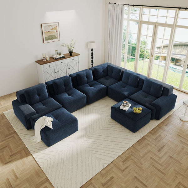 English Elm Modular Corduroy Sectional Sofa 6 Seat V Shaped Corner Couch with Ottomans Living Room Blue W714S01581