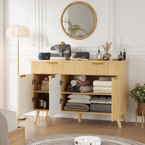 English Elm Sideboard Fluted Credenza with Three Drawers Two Doors Matte Black Modern Storage T3773P417337