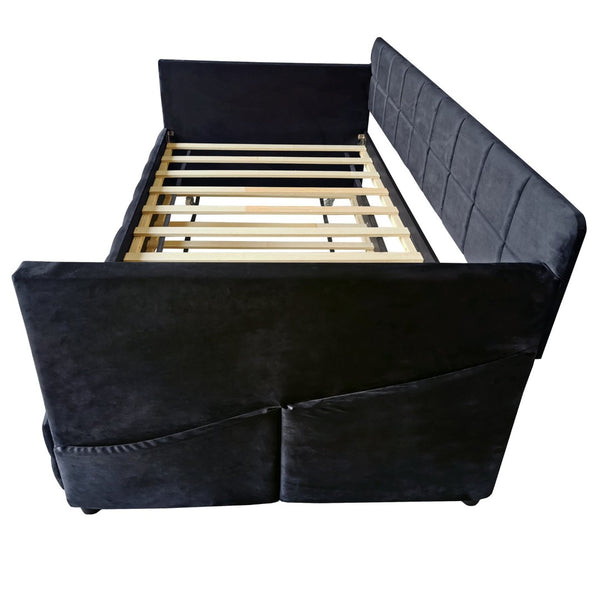 English Elm Modern Velvet Twin Daybed with Pull Out Trundle and Built in Armrest Storage Pockets Black SF000200AAB