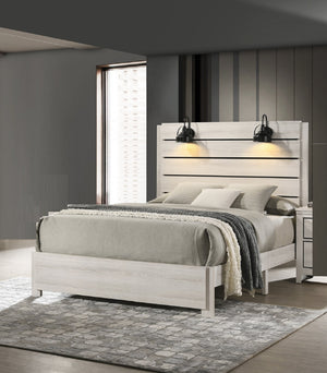 English Elm 1pc Rustic Style Butcher Block King Size Bed with Weathered Cream Finish—Classic Detailed Design for Cozy Sanctuary Antique White 92.07 L x 38.91 W x 11.2 H B011P231373