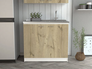 English Elm Oklahoma Practical Utility Sink Cabinet with Double Doors, Stainless Steel Top, Easy Assembly, Storage B128S00139