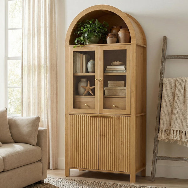 English Elm 71" Arched Glass Barn Door Pantry Cabinet Farmhouse Mdf Storage for Kitchen Dining Oak W2917S00015