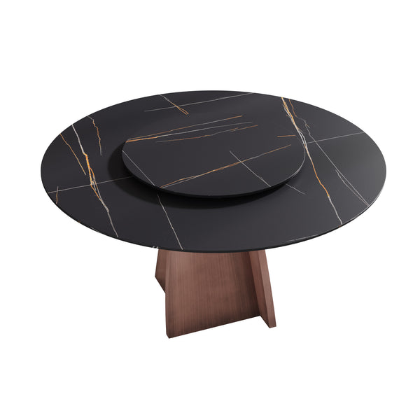 English Elm 59.05" Round Marble Dining Table For 6-8 People With Iron Base & Black Stone Turntable - Modern Elegance W1535S00485