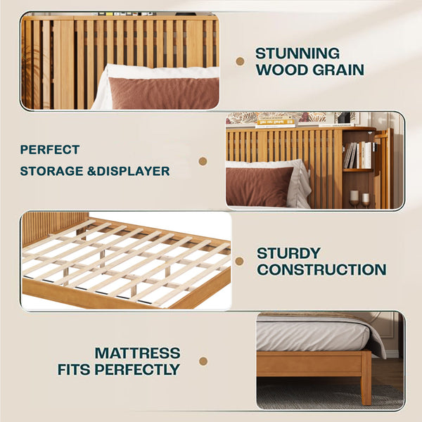 English Elm Christopher Knight Home® - King Solid Wood King Size Bed with Slat Headboard, Dual Side Storage & Display Shelves, Sturdy Comfort N758K532021N