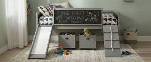 English Elm Twin Kids Loft Bed Solid Pine Frame with Slide Chalkboard and Climbing Rope Play Zone Gray N708P340493E