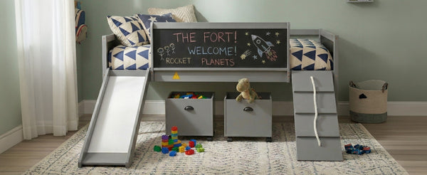 English Elm Twin Kids Loft Bed Solid Pine Frame with Slide Chalkboard and Climbing Rope Play Zone Gray N708P340493E