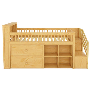 English Elm Twin Loft Bed with Built-In Stairs, Shelves, Hanging Rod & 2 Drawers for Space-Saving Kids Room Natural 45.87 L x 18.5 W x 10.83 H W2593S00005