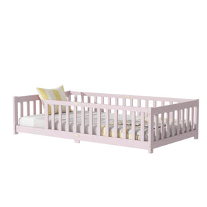 English Elm Twin Low Profile Rubberwood Floor Bed with Full Safety Fence for Toddler Rooms Pink W504P429338