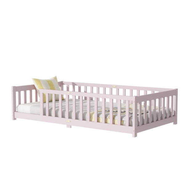 English Elm Twin Low Profile Rubberwood Floor Bed with Full Safety Fence for Toddler Rooms Pink W504P429338