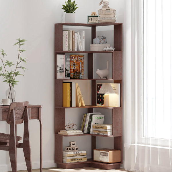 English Elm 6 Tier Freestanding L-Shaped Corner Bookshelf with Anti-Tip, Rounded Corners, 3D Wood Grain Finish Ox Blood Red W2899P372514