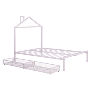 English Elm Full Metal Platform Bed with House-Style Headboard, Two Smooth Storage Drawers, Sturdy 350lb Capacity Pink MF320571AAH