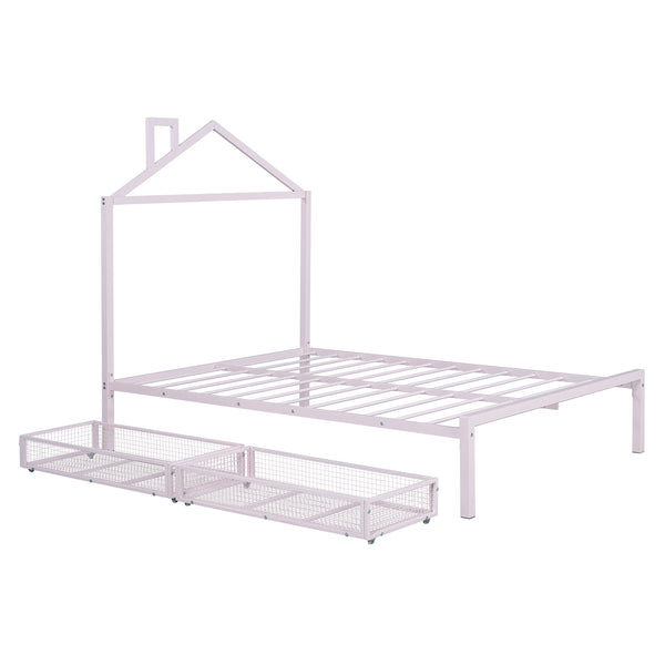 English Elm Full Metal Platform Bed with House-Style Headboard, Two Smooth Storage Drawers, Sturdy 350lb Capacity Pink MF320571AAH