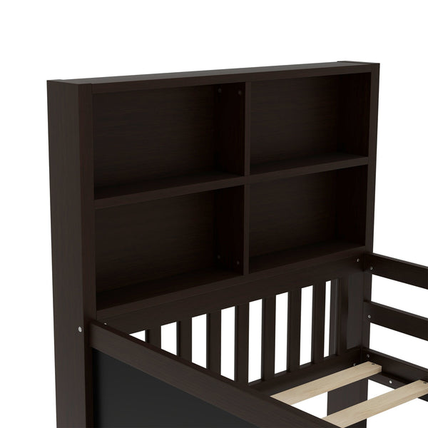 English Elm Twin Chalkboard Platform Bed with Drawers & Shelves, Solid Wood Kids Bed with Storage and Creative Headboard Espresso W1580P362705