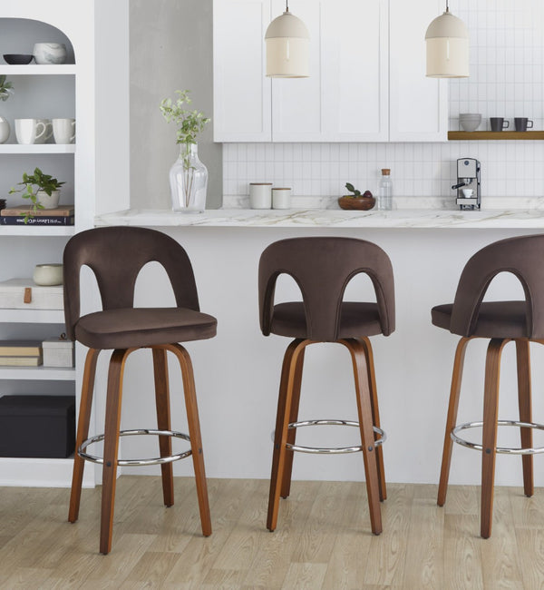 English Elm Fixed-height Swivel Barstools Velvet Seat Walnut Legs Chrome Footrest Set 2 B202S01888