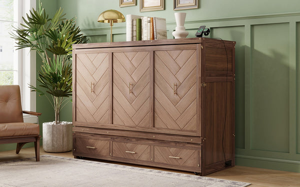 English Elm Queen Cabinet Murphy Bed Pine Wood Frame Geometric Panel Usb Charging Guest Room W504S00306