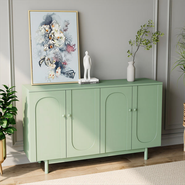 English Elm Stylish 4-Door Intaglio Storage Cabinet with Pine Legs and Solid Wood Pulls, Mid-Century Modern Console Mint Green W757P151918